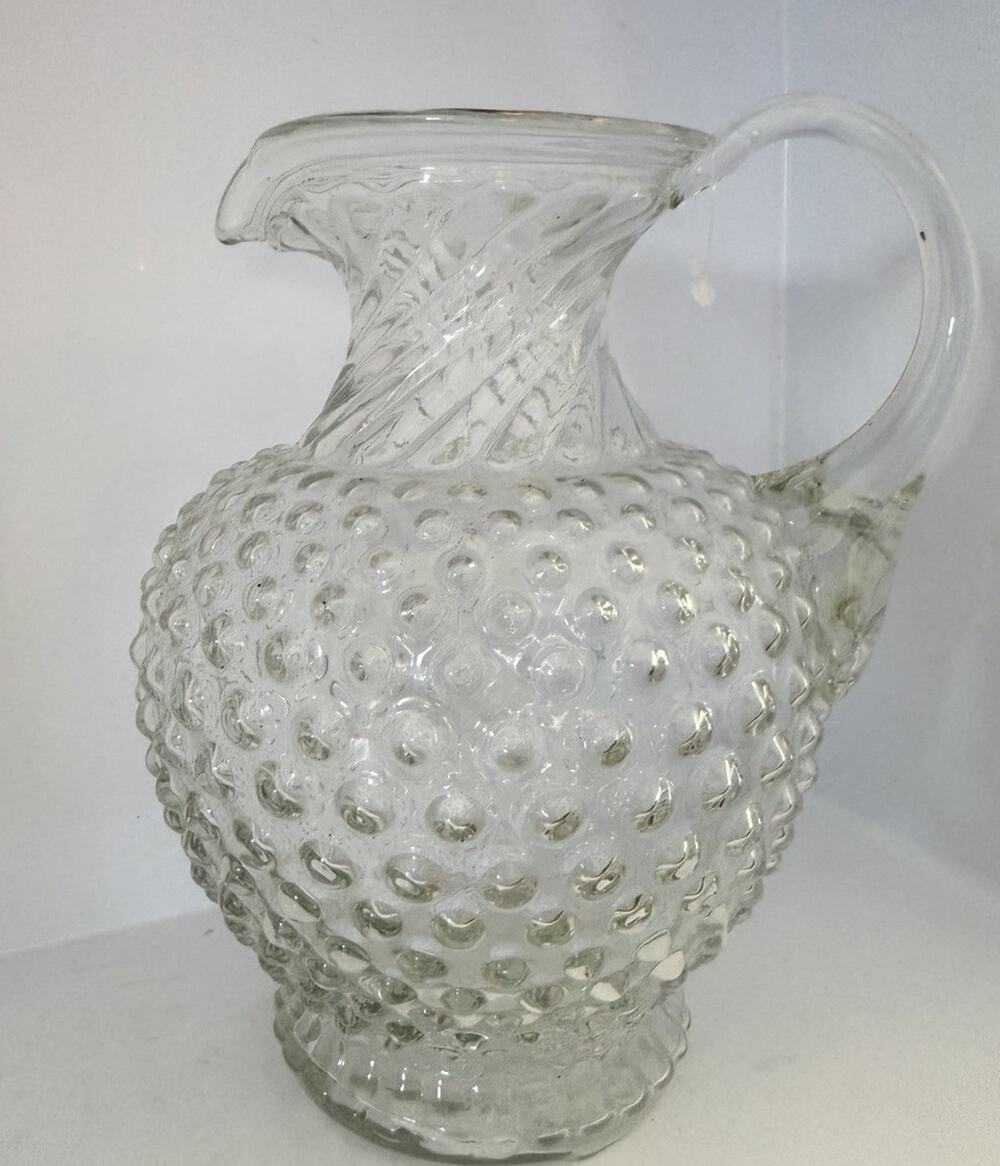 Tiara Indiana Glass Crystal Clear Hobnail Drink Pitcher Swirl Top Vintage 8.75”